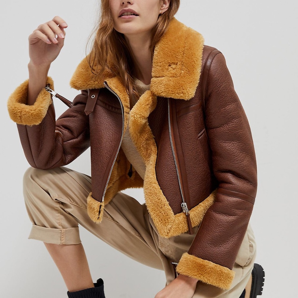 Brown Shearling-Trim Leather Jacket - Women's Brown Faux Sheepskin Biker